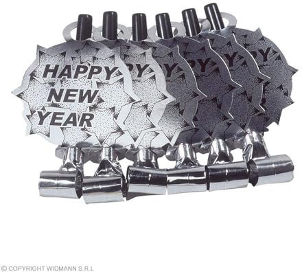 Widmann 7926Z - Partytröten Happy New Year, 6 Stück, Länge 25 cm, Silber-Schwarz, Partytröte mit englischem Text und Sternen, Frohes neues Jahr, Silvester, Neujahr, Jahreswechsel