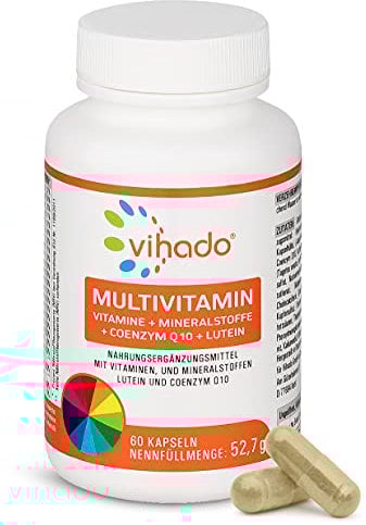 Vihado Multivitamin – Vitamine A-Z und Multimineral-Komplex – 26 Vitamine und Mineralstoffe hochdosiert – Nahrungsergänzungsmittel mit Q10, Zink und Tagetes Erecta – 1 Kapsel/Tag, 60 Kapseln