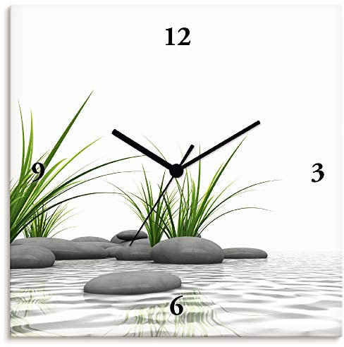 ARTLAND Wanduhr ohne Tickgeräusche Alu Quarzuhr 30x30 cm Quadratisch Lautlos Natur Design Zen Spa Steine Asiatisch Modern T6CD