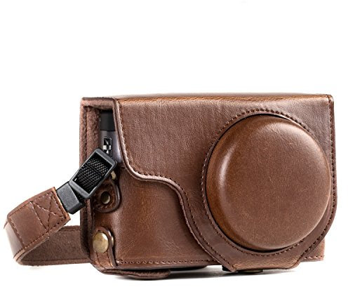MegaGear MG1259 Panasonic Lumix DC-TZ95, DC-TZ90 Ever Ready - Étui de Protection en Cuir avec Bandoulière - Marron Foncé