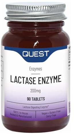 Quest Lactase Enzyme 200mg Lactose Intolerance Relief. 2000 ALU Fast Relief Dairy Enzymes Digestive Supplement to Prevent Gas, Bloating & Diarrhoea. Dairy, Gluten Free & Vegan (2 Pack x 90 Tablets)