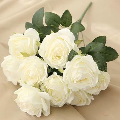 Jasion Bouquet di rose artificiali con 9 teste in poliuretano al tatto, glorioso morale, per casa, ufficio, feste e matrimoni (bianco)