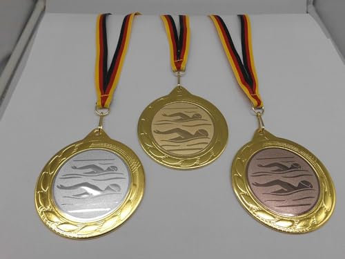 Fanshop Lünen Schwimmen 3 Stück Medaillen Große Stahl 70mm - Gold Silber Bronce - Medaillenset - mit Medaillen-Band - Turnier - (9302)