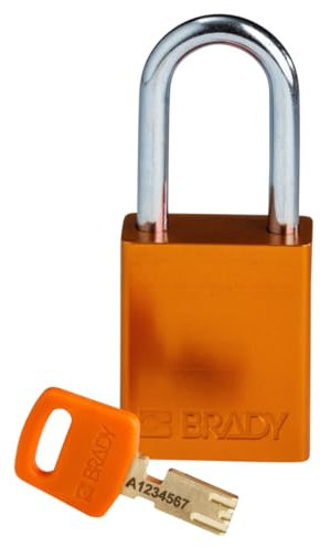 Brady SafeKey Vorhängeschloss Aluminium 1er-Pack - Lockout Schloss mit Schlüssel - Lockout Tagout Sicherheitsschloss für innen und außen - Bügelhöhe 38.10 mm - Verschiedenschließend - Orange