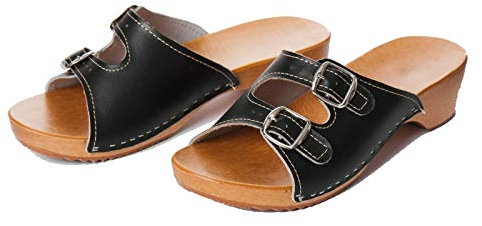 Womens Leather Clogs - Swedish Handmade Wooden Sole Sandals - Ladies Shoes with Strap - Many Sizes UK (7 UK, Black)
