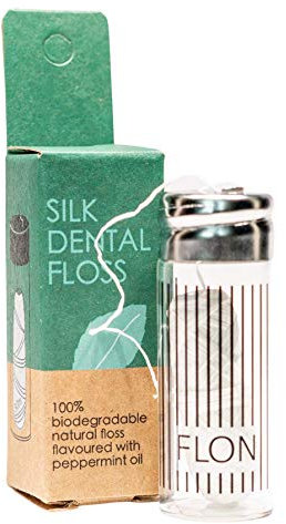 Flon, filo interdentale in seta ecologico, 30 m, senza sprechi, biodegradabile, senza filo naturale e confezione in dispenser in vetro riutilizzabile, seta pace, cera Candelilla + aroma menta