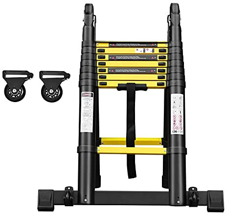 LZQ Scala pieghevole telescopica in alluminio, multiuso, 16 gradini, da 90 cm fino a 5 m, portata 150 kg, colore: giallo e nero