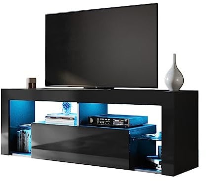 SONNI TV Board Schwarz mit LED Beleuchtung, TV Schrank Hochglanz, mit Glasregal, Klapptür, Griffloses, Sideboard, Lowboard, Fernsehtisch, TV-Regal, 12 Farben können eingestellt, 140 x 35 x 50,5 cm.