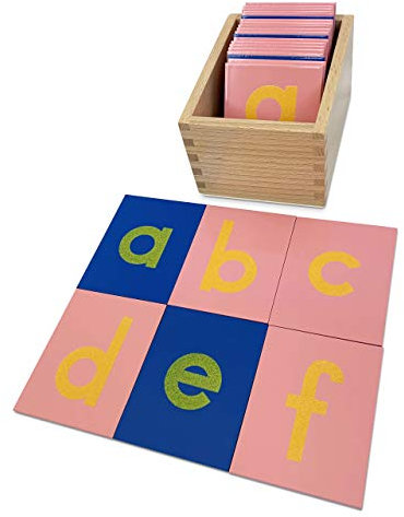 Delmach Montessori Sandpaper Letters | Lowercase | PP Wood Tiles | Vowel Consonant Color Coded | Includes Storage Box