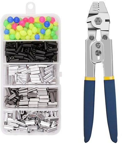 AGOOL Fishing Crimping Pliers + 500pcs Crimp Sleeves Set, Heavy Duty Wire Rope Crimper Plier Built-in Wire Cutters, 4 Size Crimp Sleeves Fishing Tackle Pliers