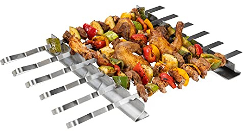 Restaurantware Met Lux 16.9 Inch Barbecue Skewers With Racks 8 Piece Heavy-Duty Shish Kabob Skewer Set - Brings 6 Skewers Includes 2 Grill Racks Stainless Steel Grilling Skewer Set Reusable