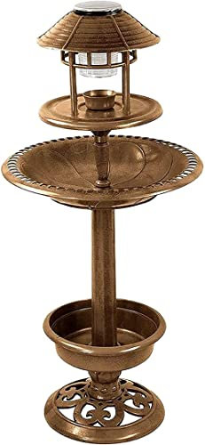 SASONS ® Bird Bath Feeding Station with Solar LED Lights Free Standing Large Feeder Table Planter for Wild Birds Weather Proof Bronze Copper Effect Finish Ideal Ornament for Garden Outdoor Decor