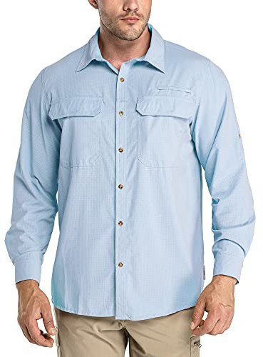 33,000ft Men's Long Sleeve Shirts UV Protection Safari Button-Down Shirt Breathable Wicking Quick Drying Outdoor Top with Pockets for Hiking Fishing Golfing,Light Blue 2XL