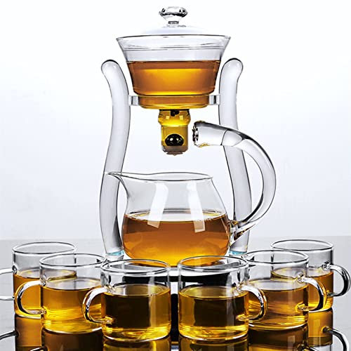 Mozeo Lazy Kungfu Tetera semiautomática – Tetera de cristal con ventosa para preparar agua automáticamente, juego de té de flores de oficina (tetera transparente + 6 tazas)