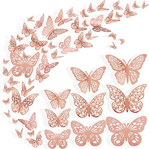 Nelotaor 72 Pcs 3D Butterfly Wall Decor - 3 Styles, 3 Sizes, Rose Gold, Wedding & Birthday Party Decorations