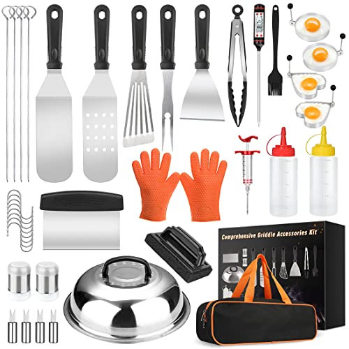 Kit di accessori per griglia, set di 39 spatole per barbecue Blackstone, Camp Chef, set di utensili per barbecue in acciaio inossidabile con coperchio per imbastitura, tritatutto, spatola, raschietto,