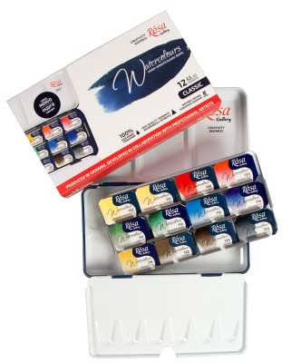 Rosa Gallery Professionelles Aquarellfarben-Set, 12 Wasserfarben à 2,5 ml, hohe Lichtechtheit, für Künstler, Erwachsene, leichtes und tragbares Metallgehäuse