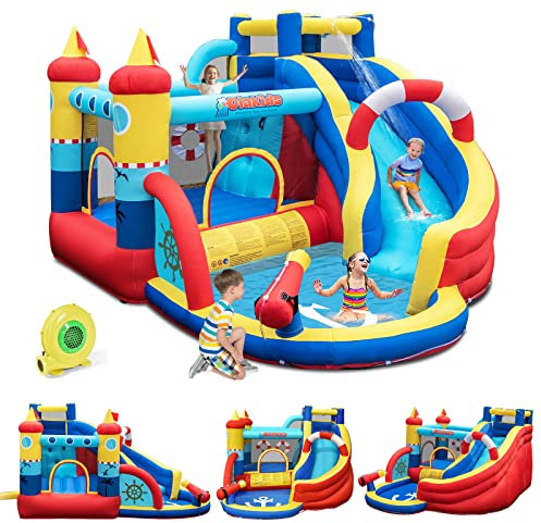 GOPLUS Château Gonflable Pirate,avec Toboggan,Pistolet à Eau et Trampoline,Aire de Jeux Gonflable avec Piscine et Mur d'escalade,pour 3-4 Enfants 3-12 Ans Jusqu’à 120KG(avec Souffleur 450w)