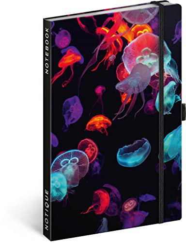 Notizbuch Liniert mit Gummiband 13x21cm ca. A5, Hardcover Notebook, Notizblock, Notizheft, Journal, Tagebuch für Erwachsene, Damen (Quallen)