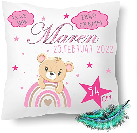 Personalisierbares Kissen zur Geburt für Jungen und Mädchen, Geburtskissen mit Namen, Geschenk, bedrucktes Teddy Rosa Kissen | Dekokissen, Zierkissen, Taufe | Kuschelkissen 40X40 (ohne Kissenfüllung)