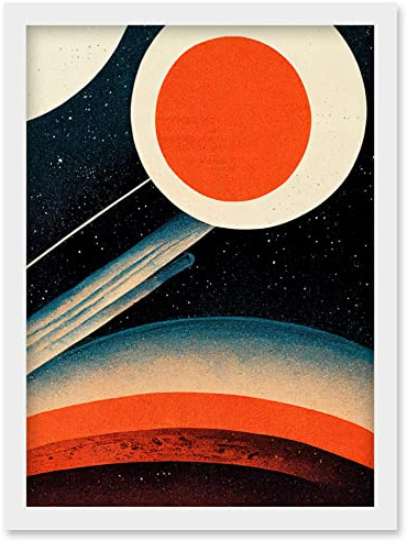 Wee Blue Coo Retro Boho Space Starscape Abstract Mid Century Style Navy Teal Orange Cream Artwork Framed Wall Art Print A4
