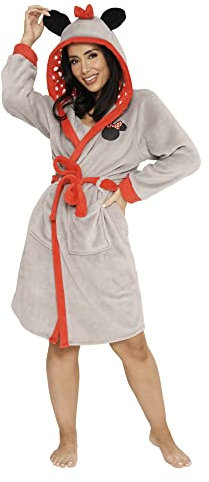 Disney Ladies Minnie Mouse Dressing Gown Super Soft Fleece Grey Hooded Robe Gift For Women (L, Grey)