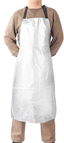 egowz Heat Resistant Apron, Aluminum foil high temperature 1832℉ heat insulation apron anti splash, anti scalding, fire retardant and flame retardant protective clothing, Silver, Large