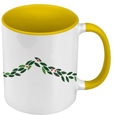 Tasse in Premium-Qualität, Gelb – Girlande mit Stechpalme und Blättern, Winter, Feier – Tasse mit Henkel und farbigem Innenfutter