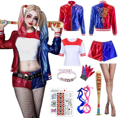 Antsparty Halloween Cosplay Kostüm für Erwachsene Kinder, Mädchen Bösewicht Suicide Kostüm mit Jacke T-shirt Shorts Handschuhe, Halloween Karneval Cosplay Kostüme Damen Kinder