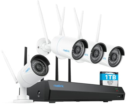 Reolink 5MP WLAN Überwachungskamera Set Aussen, 5GHz/2,4GHz Wi-Fi, 12CH NVR mit 1TB HDD, Erweiterbar auf 16TB, Vollmetallmaterial, KI Erkennung, 30m Nachtsicht, 24/7 Aufzeichnung, RLK12-500WB4