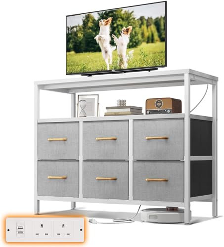 ODK Chest of Drawers Bedroom with 6 Drawers, Fabric Storage Drawers with 2 USB and 2 Sockets, Dresser Suitable for Bedrooms, Living Rooms, Sturdy Storage Dresser with Shelves, Light Grey