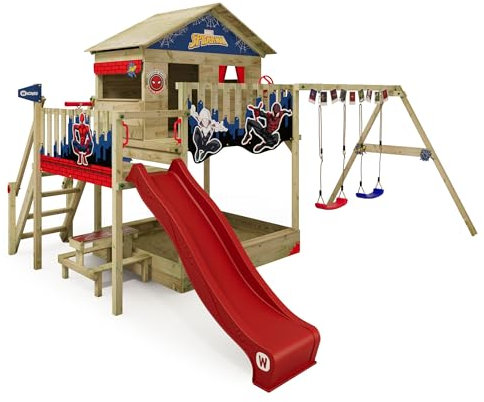 Marvel Spider-Man Quest Aire de Jeux de Wickey - Structure d'escalade, Tour d'escalade, Jeux de Jardin pour Enfants - Aire de Jeux extérieure en Bois avec bac à Sable