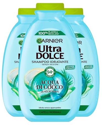 Garnier Ultra Dolce Shampoo Idratante per Capelli Normali con Acqua di Cocco e Aloe Vera Detergente Delicato Formula Leggera con Ingredienti 94% di Origine Naturale - 3 Flaconi da 400ml