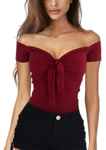 EMOTTOS Women's Y2K Crop Tops, Short Sleeve Off Shoulder Top V Neck Bowknot Slim Fit for Ladies, Sweetheart Neckline Basic T-Shirt Casual Club Party Streetwear for Spring Summer, Red L