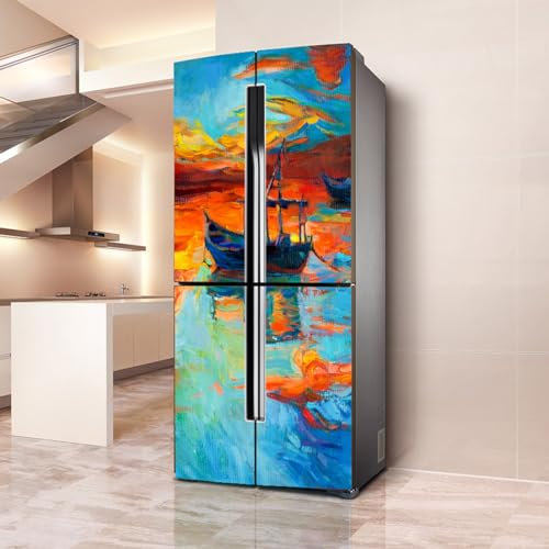 Fridge Wraps Kitchen Fridge Stickers Cover Full Doors, Fridge Sticker Full Covering Door Fridge Covers Decor, Freezer Skins Wall Stickers for Kitchen Decal, Oil Painting Sailing Boat Sunset