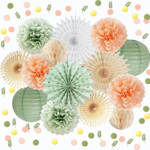 Salbeigrün Party Deko Pfirsich Creme Seidenpapier Pom Poms Deko Babyparty Deko Papierlaterne Konfetti Punkte Streutisch Tischdeko für Geburtstag Hochzeit Brautdusche Party Dekoration