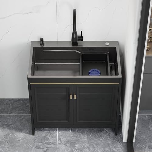 Fregadero de Cocina Comercial Fregadero de Acero Inoxidable con gabinete, Fregadero Industrial Comercial con Grifo, Fregadero Exterior Para Bar Camping Jardin Lavandería,75x45x80cm