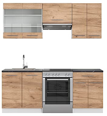 Vicco Küchenzeile Fame-Line, Goldkraft Eiche/Weiß, 200 cm | 5 Module · Höhenverstellbare Füße · Arbeitsplatte Anthrazit · Robuste Fronten · Softclose · Metallgriffe