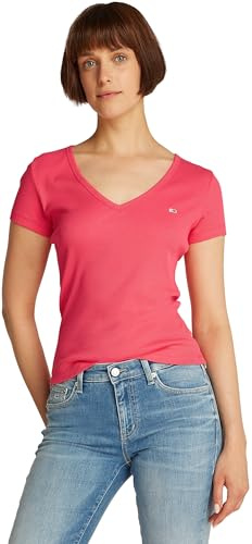 Tommy Jeans Damen T-Shirt Kurzarm Slim Essential Rib V-Ausschnitt