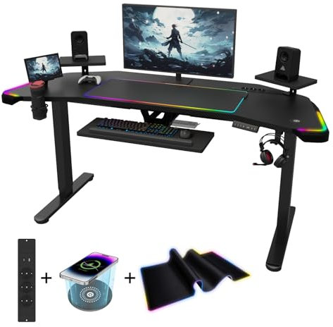 Devoko 180 x 60 cm Scrivania Gaming Regolabile In Altezza,Scrivania Gaming Ergonomico Con 3 Altezze Regolabili,Luce RGB,Tappetino Per Mouse,Caricatore Wireless,Presa di Corrente