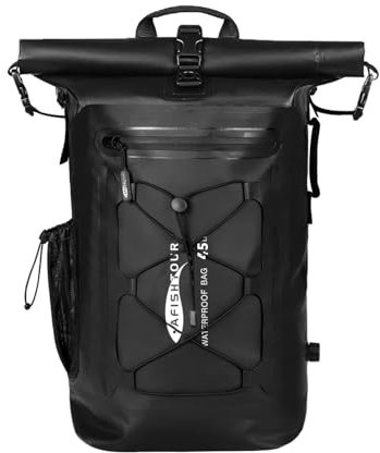 AFISHTOUR 45L Wasserdichter Rucksack für Damen und Herren: Rollverschluss Dry-Bag mit Schwimmfunktion für Kajak, Rafting(Schwarz)