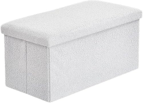 H2 Linen Fleece Boucle Large Folding White Ottoman Storage Boxes Double Bed Long Rectangle Wooden Ottoman Storage Box Set Foot Rest Stool Seat Bench, Toy Solid Chest with Lid 78x38x38cm