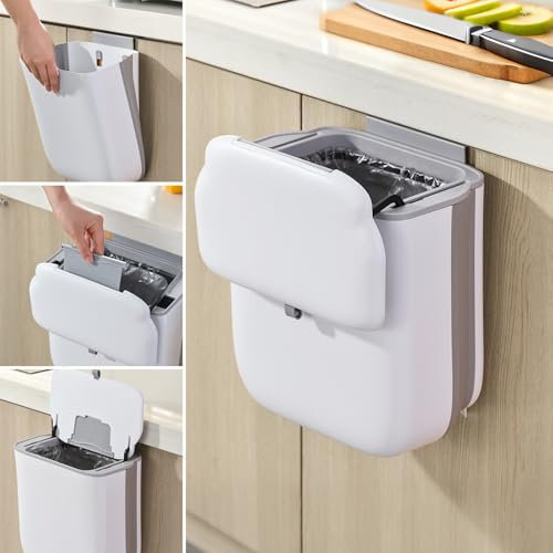 Esilihom Foldable Hanging Trash Bin with Lid, 10L Kitchen Compost Bins for Under Sink, Food Waste Caddy for RV/Counter top/Camping/Bathroom/Bedroom, 2.4 Gallon