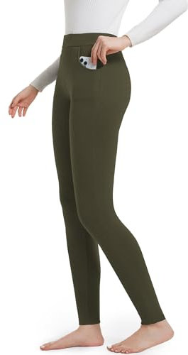 ACHTELEPHS Leggings Damen Baumwolle mit Taschen Blickdichte Leggins High Waist Olivgrün XL-XXL