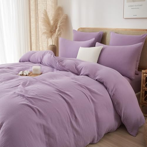 Luofanfei Baumwolle Muslin Bettwäsche 135x200 Lila Sommer Kühlende Renforce Uni Bettwäsche Set Boho Weiche Bettbezug Knitterlook Bügelfrei mit Reißverschluss und Kissenbezug 80x80cm