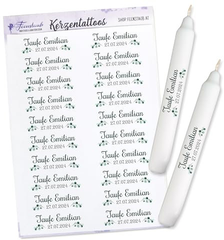 FEENSTAUB Kerzen Tattoos für die Taufe, personalisierte Gastgeschenk selber machen, Aufkleber für Kerzen, Eukalyptus, DIY Taufkerze, Give-Aways gestalten, bedruckte Folie für Kerzen