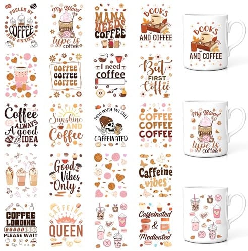 Coffee UV DTF Cup Wrap - 20 Sheet Coffee Cup Stickers, Waterproof Decals for Mug Water Bottle Glass, Skull Ice Cream Floral Designs, Gift for Friends Teacher Classmate