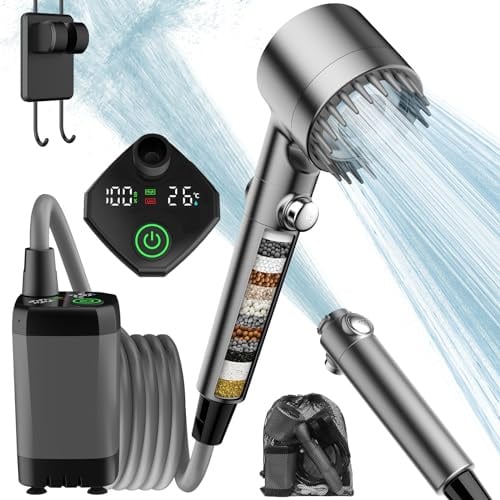 MEKO Portable Camping Shower, Rechargeable 6000mAh Shower Pump,3+1 Modes | 2.5H Battery Life, Intelligent LED Display, IPX7 Waterproof, 15 Stages Portable Shower for Camping Hiking Travel Car Pet