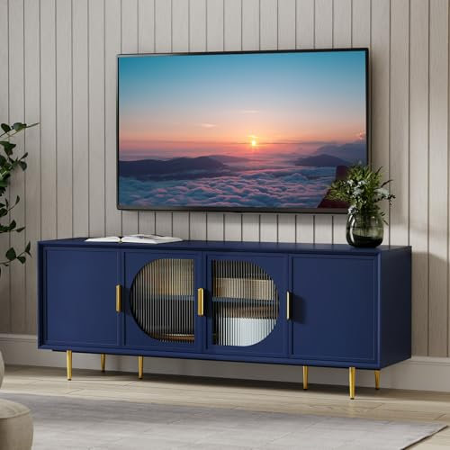 HOLTICO TV Stand Unit, Modern Blue TV Stand Cabinet with Storage and 4 Doors, Wooden Console Table for 65/70/75 Inch Television, TV Units for Living Room, Bedroom