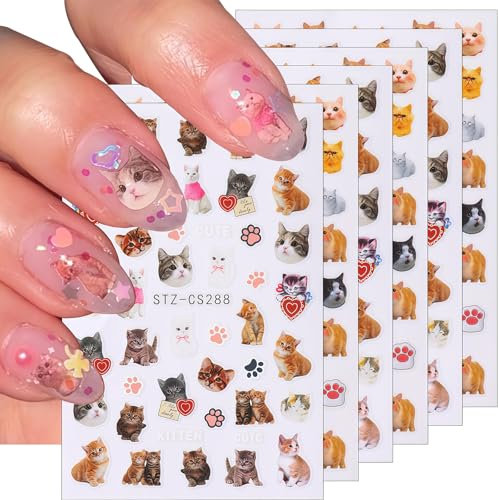 Shimmerz 6 fogli adesivi per unghie gatti carini 3D autoadesivi decorazioni unghie cartone animato holografico